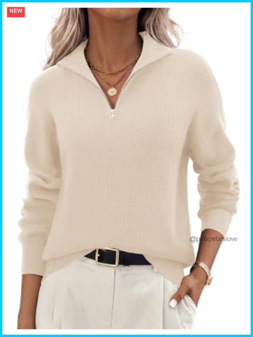 Women's Quarter Zip Long Sleeve Knit Sweater Pullover V-Neck Ribbed Top